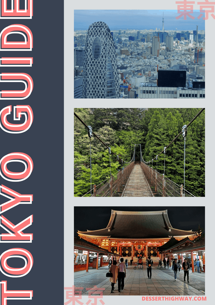 Front cover of free Tokyo PDF guide. There are three photos on the cover. One of a Tokyo cityscape, one of a small suspension bridge surrounded by forest and one of a temple illuminated at night.
